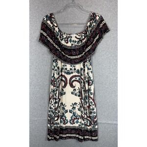 Boho Floral Off Shoulder Dress Womens Medium White Blue Red Stretch‎ Summer USA